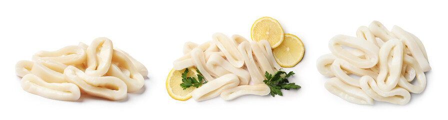 Squid rings isolated on white, set. Top and side view