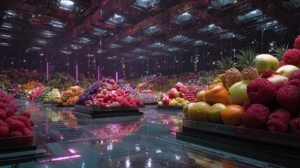 Futuristic Fruit Market: Raspberries, Pineapples, and Flowers in a Mirrored Hall