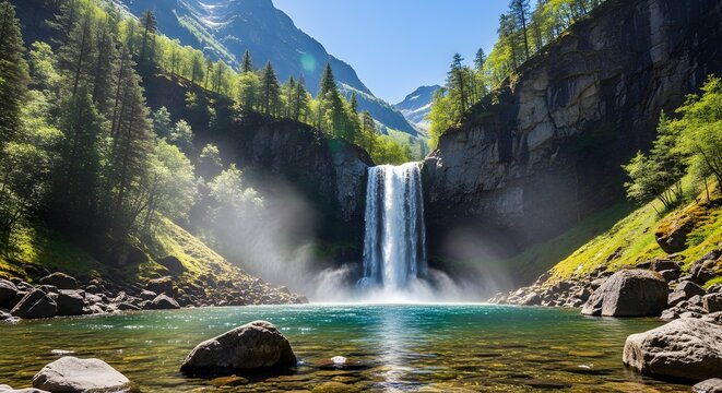 Majestic Waterfall with Alpine Valley.