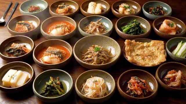A Delicious Korean Feast A Variety of Banchan Dishes on a Wooden Table, Showcasing the Flavors of Korean Cuisine with Kimchi, Tofu, and More