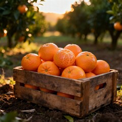 신선한귤이가득한나무상자와아침농장풍경