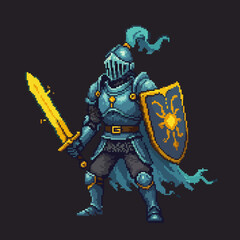 Magical Pixel Art Knight with Glowing Sword and Sun Shield
