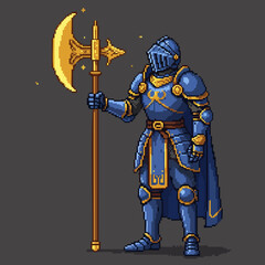 Fototapeta premium Noble Pixel Art Knight in Blue Armor with Golden Halberd