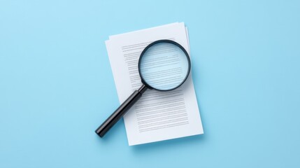 Magnifying Glass Over Printed Documents on Blue Background for Examination and Analysis of Text and Research Data in Office or Academic Setting