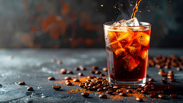 Iced coffee drink, refreshing beverage poured into a glass with ice cubes surrounded by scattered coffee beans. 