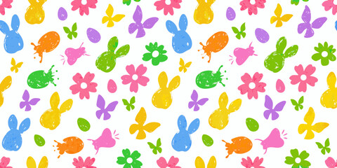 Colorful easter bunny and flower seamless pattern with butterflies and eggs
