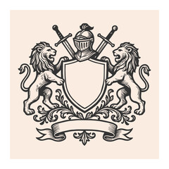 Vintage hand drawing heraldic lion logo shield coat of arms family crest logo vector