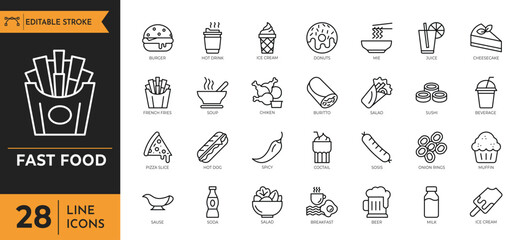 Fast food icon set. Containing burger, pizza, french fries, snack, fried chicken, and more. Editable stroke. Vector illustration