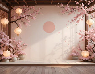 Japanese room with pink cherry blossoms and hanging lanterns flower