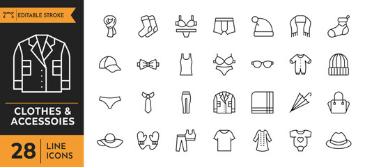 Clothes & Accessories icon set. Editable stroke. Vector illustration