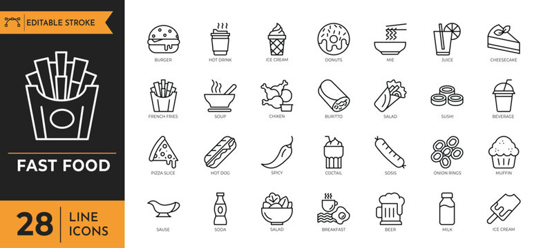 Fast food icon set. Containing burger, pizza, french fries, snack, fried chicken, and more. Editable stroke. Vector illustration