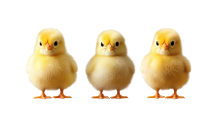 Three adorable fluffy yellow chicks standing in a row, ready for Easter celebrations isolated on transparent background