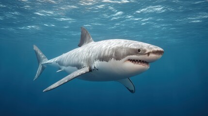 Obraz premium Majestic Great White Shark Swimming Gracefully Through Clear Blue Ocean Waters in a Stunning Underwater Scene
