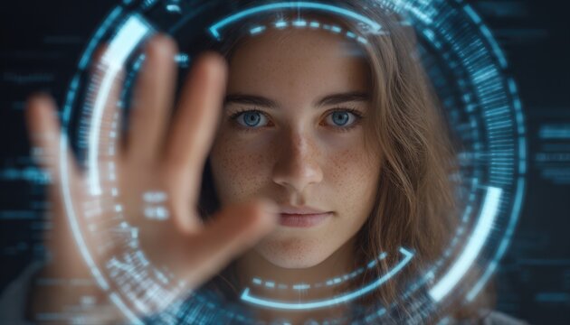 A young woman in the foreground is using a futuristic interface, looking intrigued and focused on the technology in front of her.
