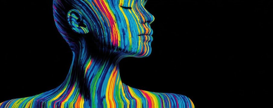 Portrait of woman with colorful racing mind lines concept. A vibrant portrait of a person with colorful paint designs.