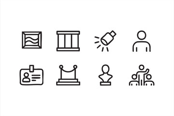 Museum icons set with art, exhibition, culture, history, and visitor elements including painting, sculpture, ticket, and guide vector illustration design