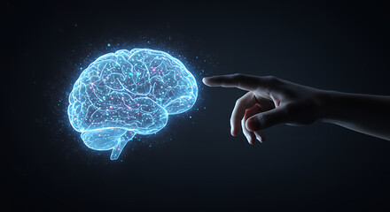 A human hand gently touching a luminous, stylized digital brain projected in mid