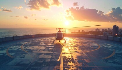 Helicopter on Rooftop Helipad at Sunset with Cityscape and Ocean View in Warm Golden Light