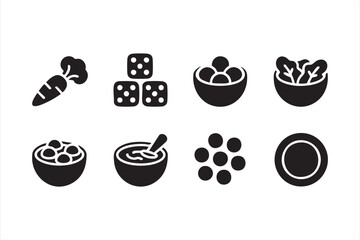 Black silhouette nutrition symbols of carrots, greens, and bowls for wellness design