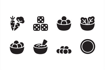 Vector healthy food icons including vegetables, bowls, and salad meal illustrations