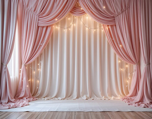 Soft pink and cream draped curtains with warm fairy lights backdrop drapes fabric