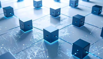 Network of Blue Cubes Connected by Lines on White Background