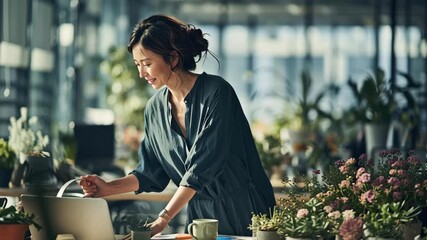 Generative AI. Woman tending to vibrant flowers in a bright workspace, carefully watering plants while surrounded by greenery, showcasing a serene connection with nature and nurturing spirit