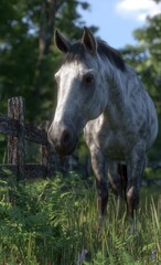 A serene gray horse grazes peacefully near a rustic wooden fence in a lush, verdant meadow bathed in sunlight.