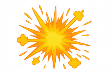 Cartoon explosion visual effect on a transparent background. Depicting a bright yellow and orange burst with smoke clouds
