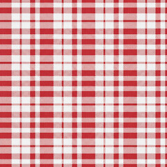 Classic red and white plaid seamless pattern, a traditional gingham or tartan texture for Christmas, picnics, and cozy rustic textiles.