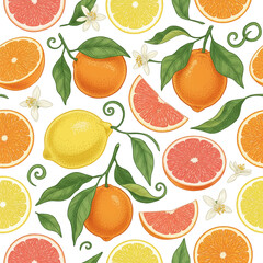 Obraz premium A fresh and vibrant seamless pattern of hand-drawn citrus fruits. A vintage botanical illustration of oranges, lemons, and grapefruits for a healthy summer lifestyle.