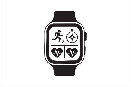 Vector smartwatch icon with heart rate, running, and GPS tracking for fitness projects