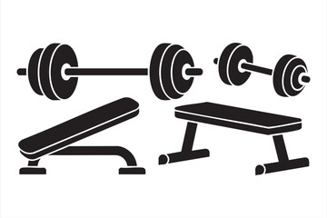 Vector gym icons set including barbells, dumbbells, and benches for fitness design