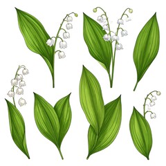 Lily of the valley botanical illustration set