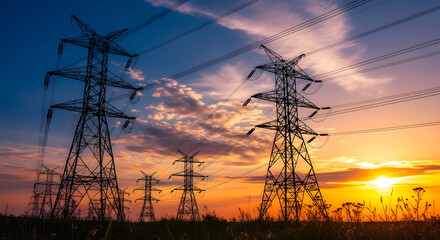 Electricity transmission towers silhouetted against a vibrant sunset sky with clouds and a grassy field, symbolizing power and infrastructure.