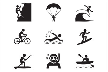 Black silhouette adventure illustrations of paragliding, cycling, and water activities