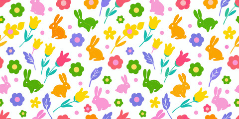 Cute easter bunny and flower seamless pattern with pastel colors