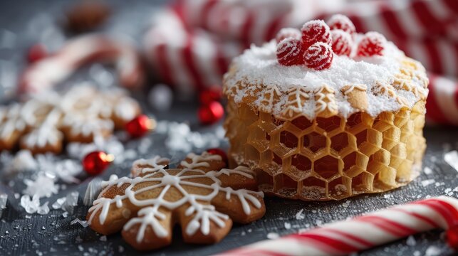 Festive Honeycomb Cake with Gingerbread Cookies and Holiday Decorations