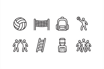 Vector volleyball icon set with net, ball, and player action for sports design projects