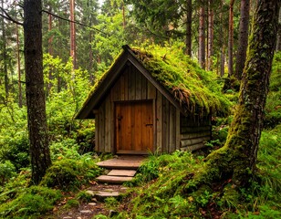 Wooden cabin nestled in a mossy forest