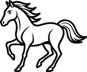 Black and white outline of a horse running, side view, simple vector icon.