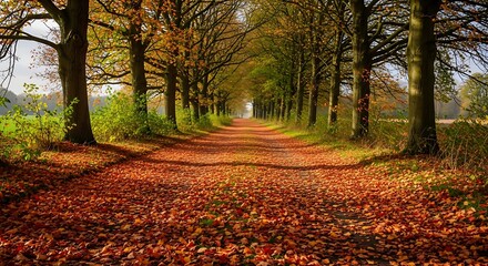 Beautiful Autumn Forest Path with Golden Leaves and Sunlight