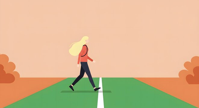 Blonde Woman Walking Autumn Path: Minimalist Vector Illustration - Powered by Adobe