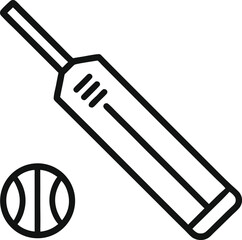Black line art outline of a cricket bat and ball, simplified icon.