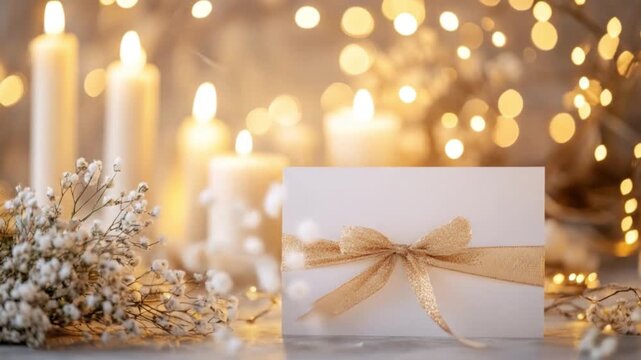 Elegant Golden Ribboned Gift Card with Lit Candles and Bokeh Lights Backdrop