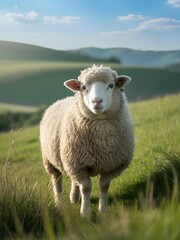 Fluffy white sheep standing gracefully in a vibrant green grassy field under a bright sky.