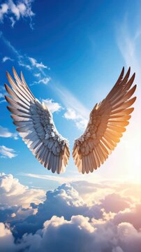 Two angel wings float against the blue sky with white clouds at the horizon, fantasy concept of flight or soaring in heaven