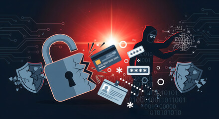 Hooded figure steals data breaks lock and shield with binary code background and credit card ID card passwords displayed