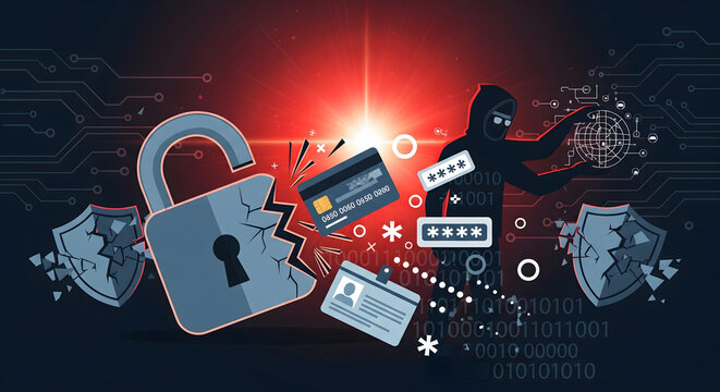 Hooded figure steals data breaks lock and shield with binary code background and credit card ID card passwords displayed