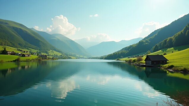 Serene lake nestled amidst rolling hills, showcasing a tranquil alpine landscape under a vibrant, cloud-filled sky.  A tranquil wooden boathouse reflects peacefully on the still water.